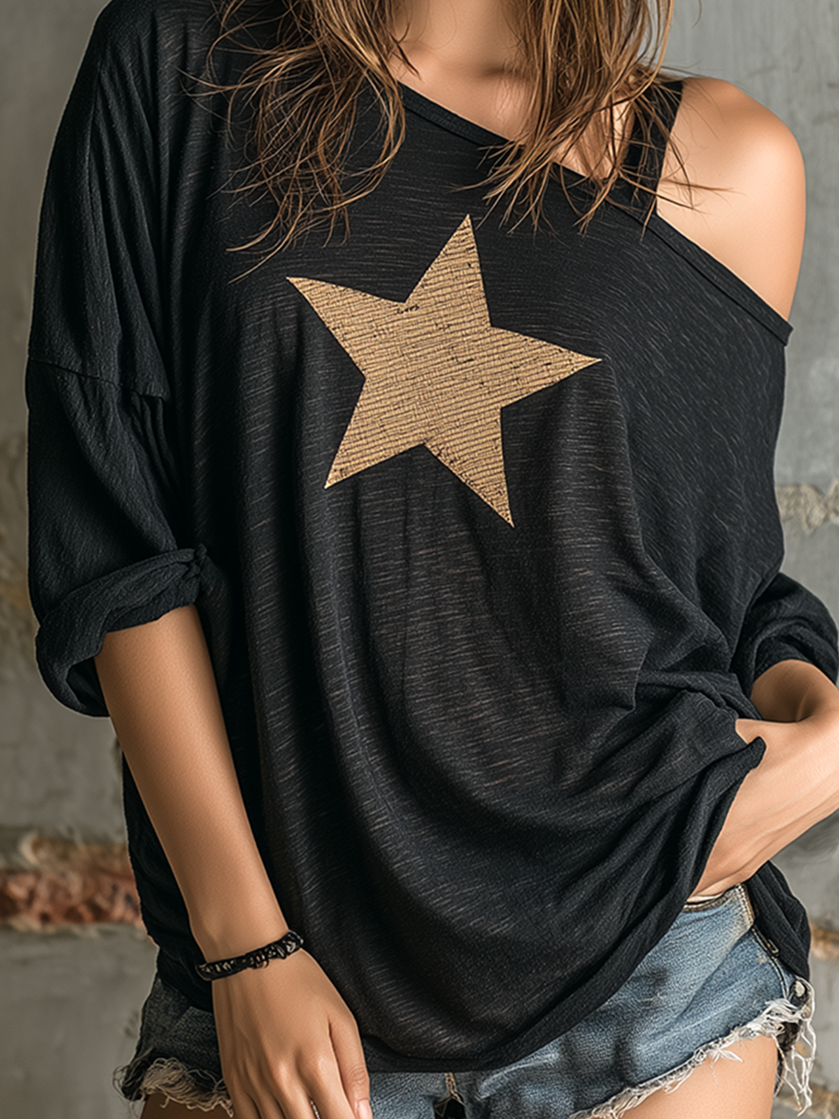Chic Casual Black Star Print Asymmetrical Off-Shoulder Neck Half Sleeve Oversize Slub Cotton Fabric T-Shirt Top