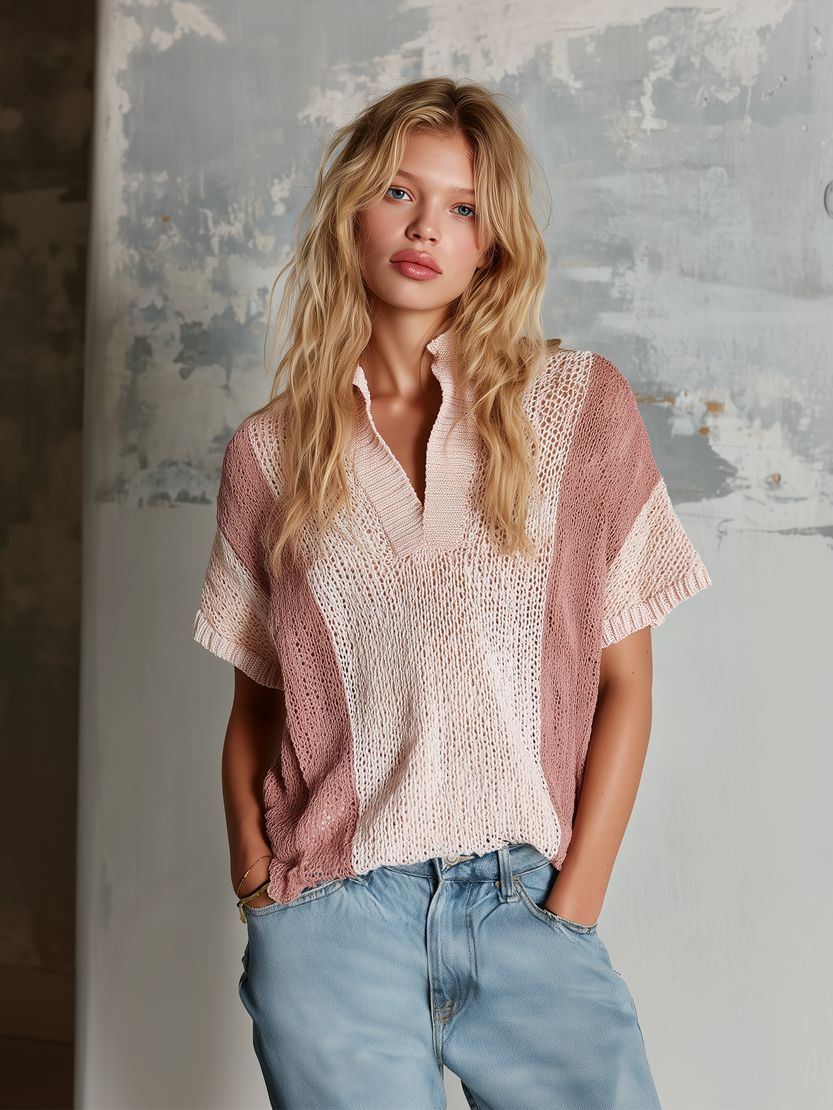 Chic Casual Pink Colorblock Stand-Collar V-Neck  Short-Sleeve Loose-Fit Knit Sweater Top