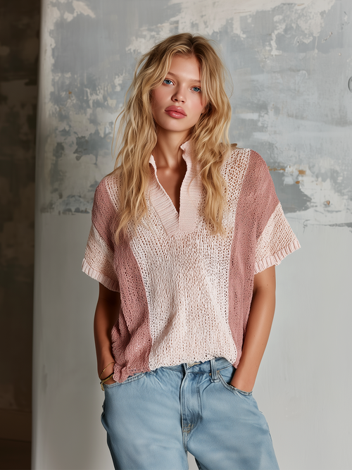 Chic Casual Pink Colorblock Stand-Collar V-Neck  Short-Sleeve Loose-Fit Knit Sweater Top