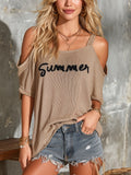 Chic Elegant Camel Cold Shoulder Shoort-Sleeve Letter Embroidery Loose-Fit Breathable Knit Top