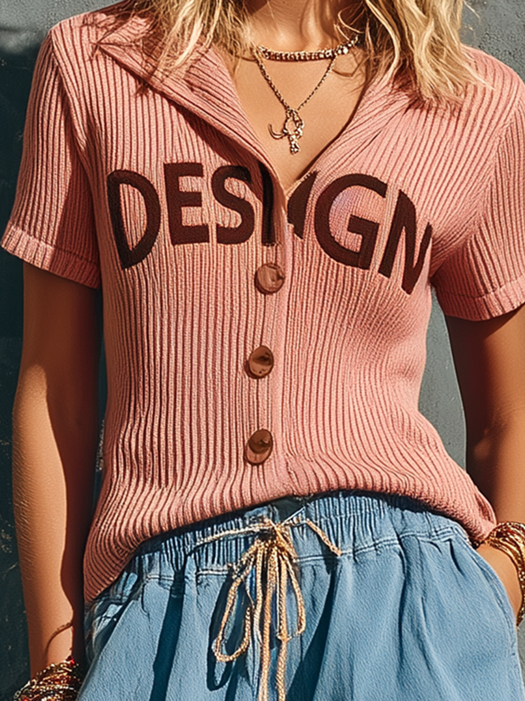 Chic Casual Dusty Pink Lapel Collar Single-Breasted Letter Embroidery Short-Sleeve Slim-Fit Ribbed Knit Sweater Top