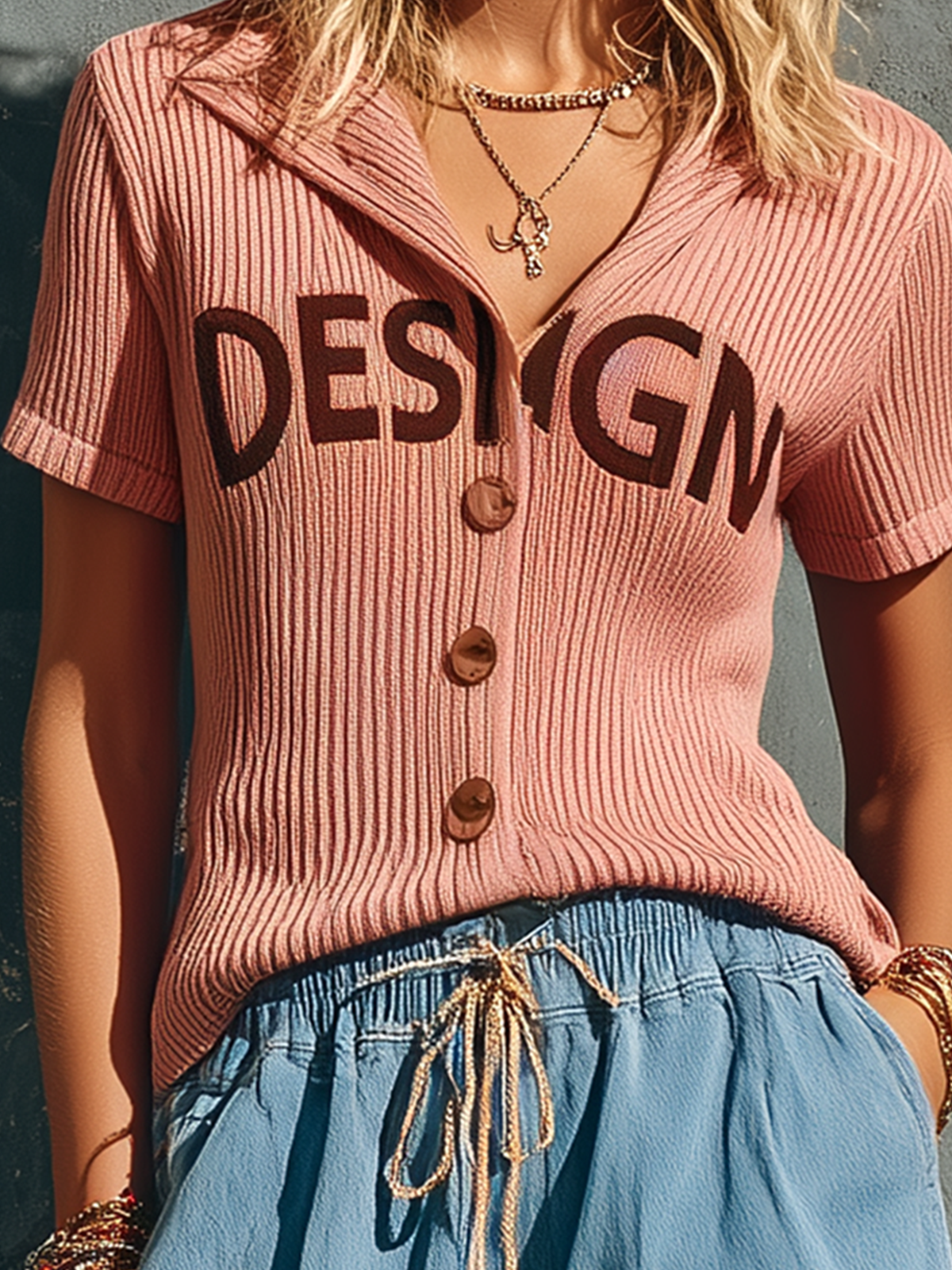Chic Casual Dusty Pink Lapel Collar Single-Breasted Letter Embroidery Short-Sleeve Slim-Fit Ribbed Knit Sweater Top