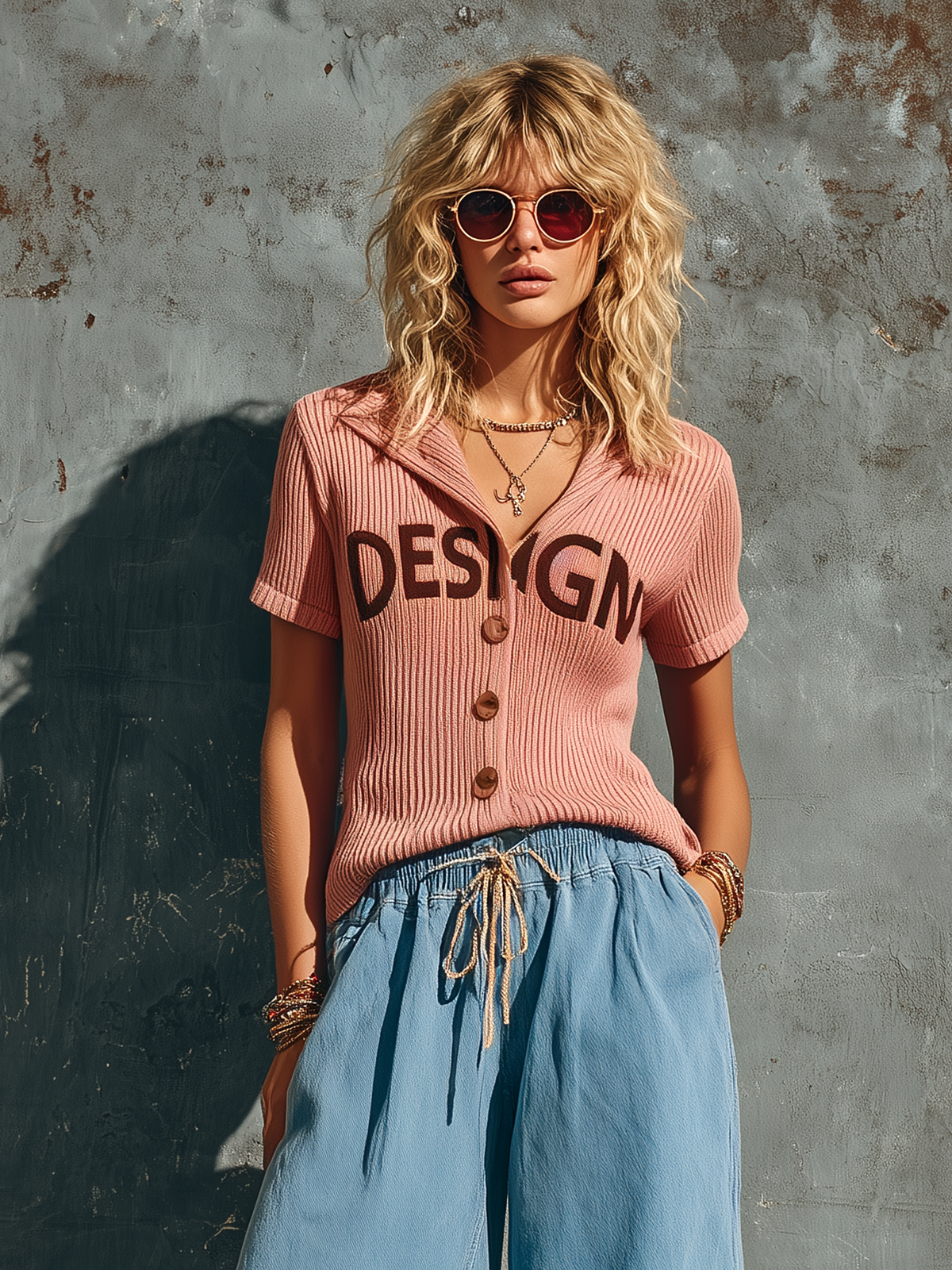 Chic Casual Dusty Pink Lapel Collar Single-Breasted Letter Embroidery Short-Sleeve Slim-Fit Ribbed Knit Sweater Top