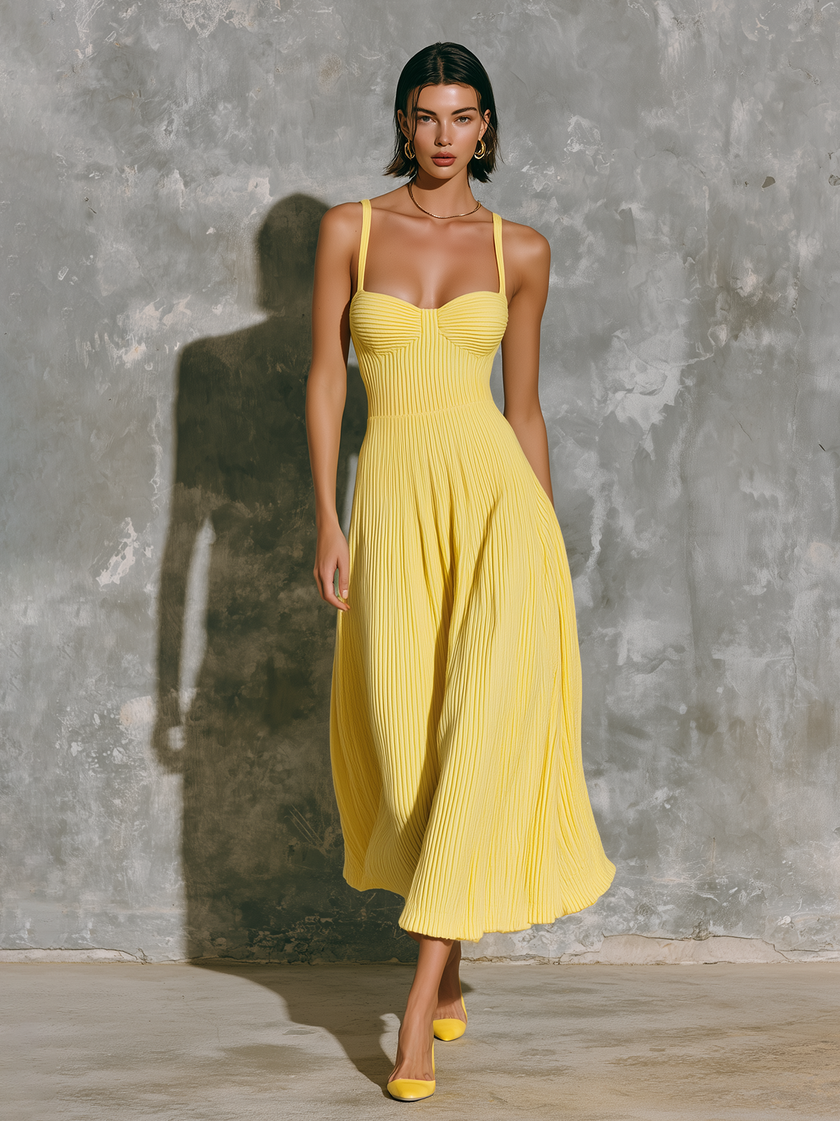 Chic Elegant Bright Yellow Spaghetti Straps Sweetheart-Neck Sleeveless Slim-Fit A-Line Ribbed Fabric Midi Dress