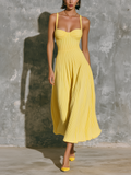 Chic Elegant Bright Yellow Spaghetti Straps Sweetheart-Neck Sleeveless Slim-Fit A-Line Ribbed Fabric Midi Dress