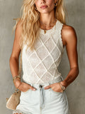 Chic Elegant Cream White 3D Argyle Jacquard Round-Neck Sleeveless Slim-Fit Knit Vest Top
