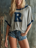 Chic Casual Heather Grey-Blue Colorblock Boat-Neck Letter Embroidery Batwing Sleeve Loose-Fit Slub Cotton Fabric T-Shirt Top