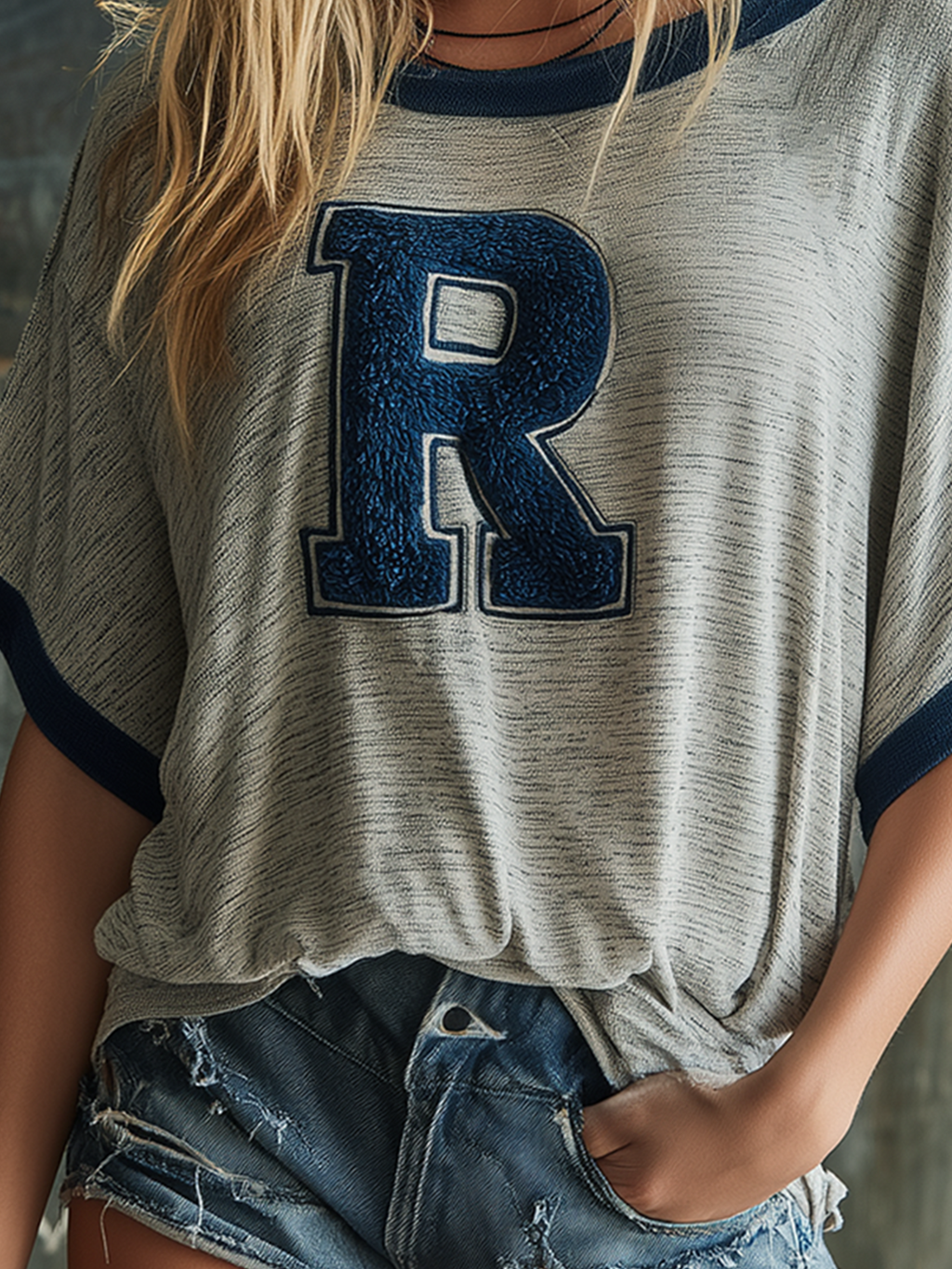 Chic Casual Heather Grey-Blue Colorblock Boat-Neck Letter Embroidery Batwing Sleeve Loose-Fit Slub Cotton Fabric T-Shirt Top