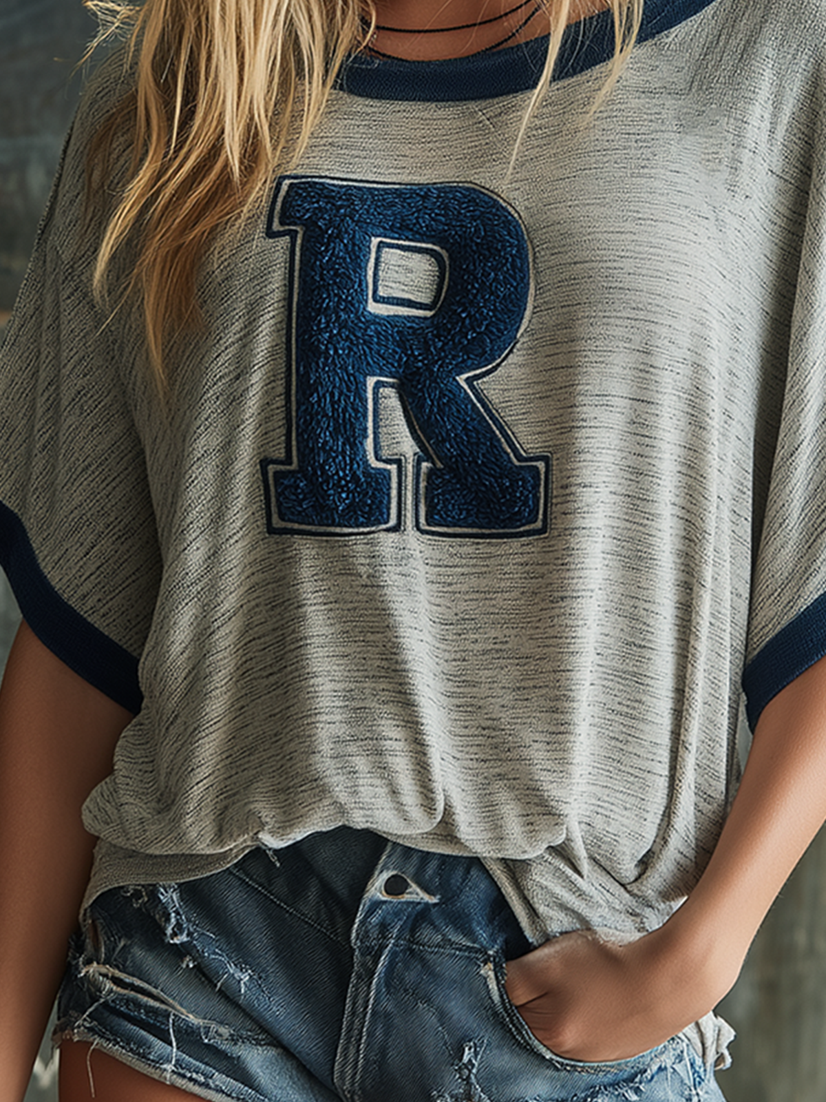 Chic Casual Heather Grey-Blue Colorblock Boat-Neck Letter Embroidery Batwing Sleeve Loose-Fit Slub Cotton Fabric T-Shirt Top
