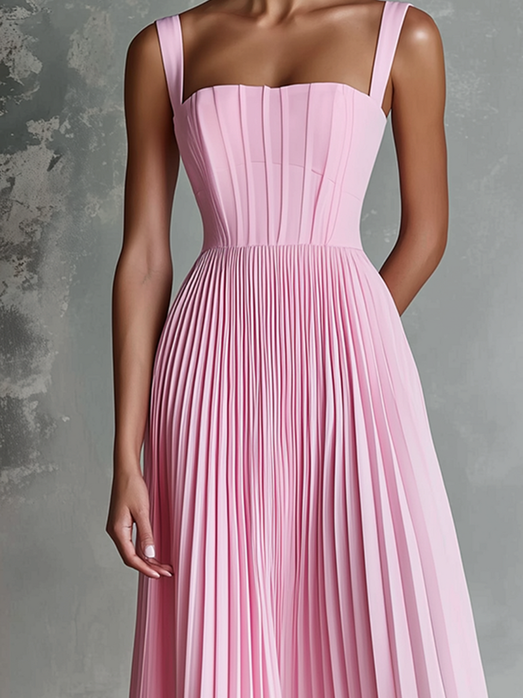 Chic Elegant Pink Wide Straps Square-Neck Sleeveless  Accordion-Pleated A-Line Chiffon Midi Dress