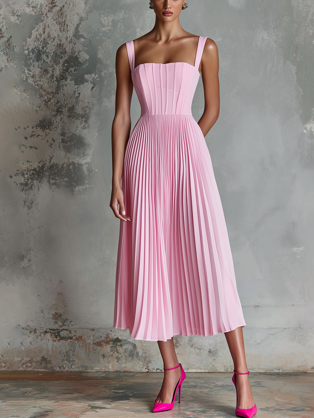 Chic Elegant Pink Wide Straps Square-Neck Sleeveless  Accordion-Pleated A-Line Chiffon Midi Dress