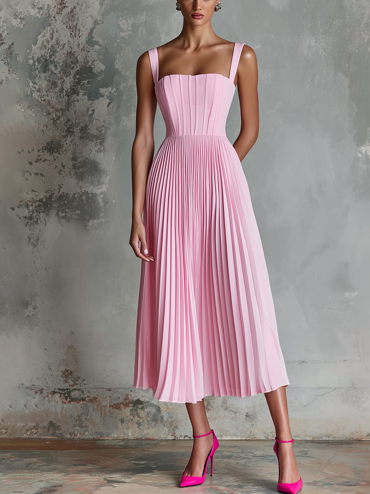 Chic Elegant Pink Wide Straps Square-Neck Sleeveless  Accordion-Pleated A-Line Chiffon Midi Dress