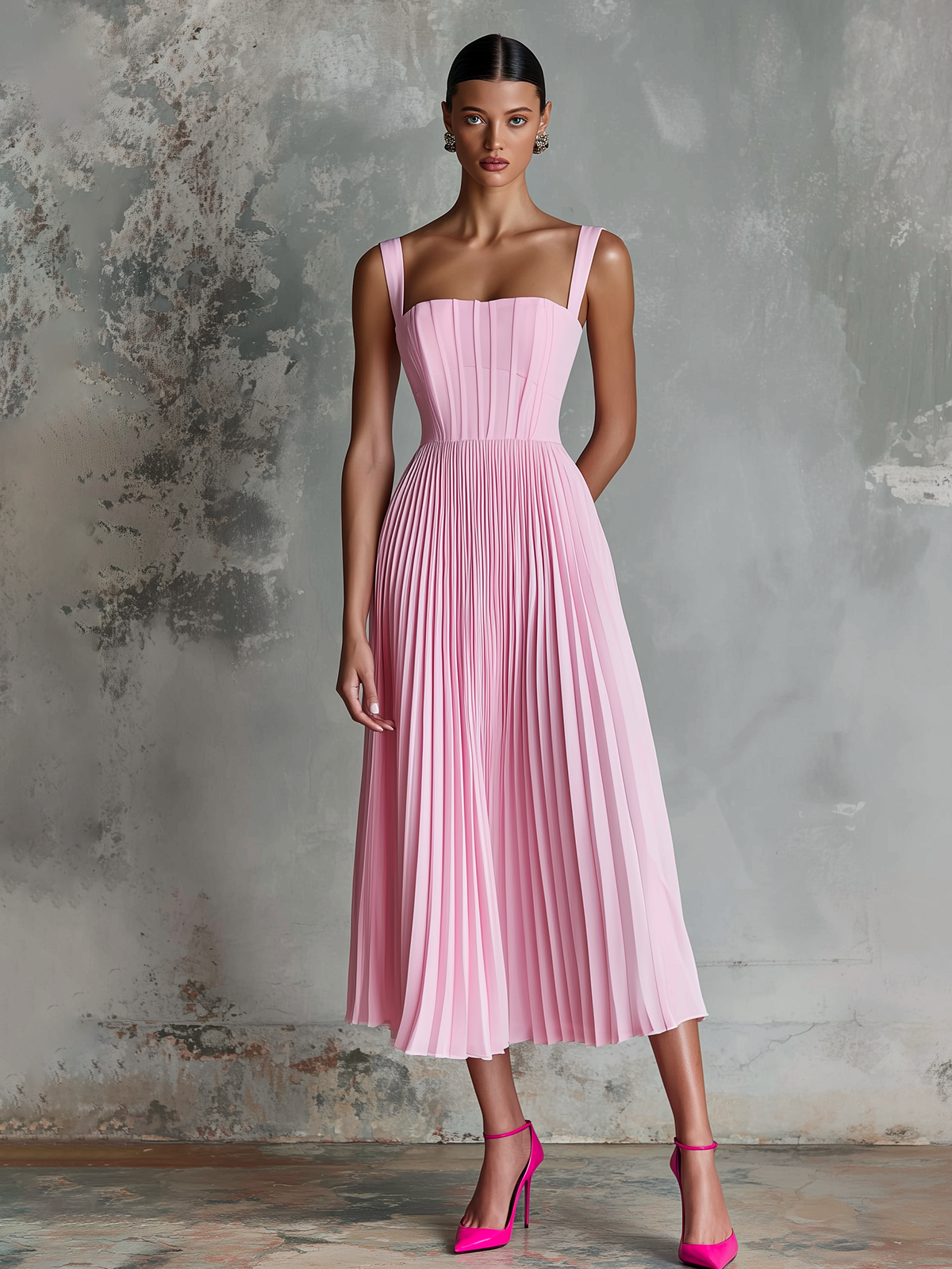 Chic Elegant Pink Wide Straps Square-Neck Sleeveless  Accordion-Pleated A-Line Chiffon Midi Dress