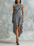 Chic Elegant Black-White Stripe One-Shoulder Sleeveless  Asymmetric Handkerchief Hem Chiffon Midi Dress