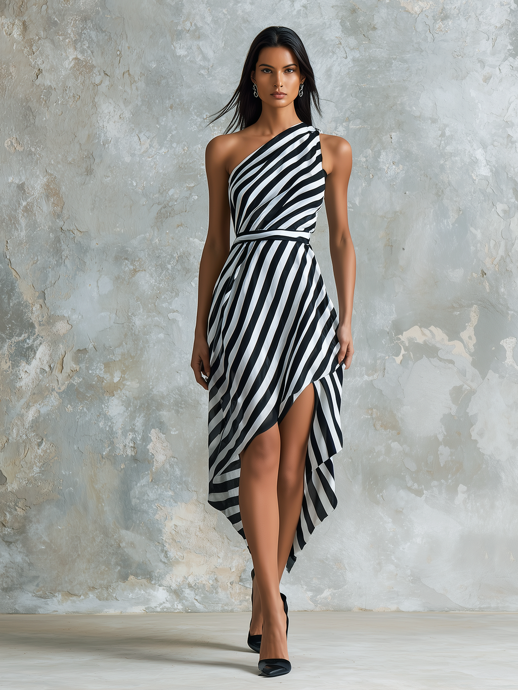 Chic Elegant Black-White Stripe One-Shoulder Sleeveless  Asymmetric Handkerchief Hem Chiffon Midi Dress