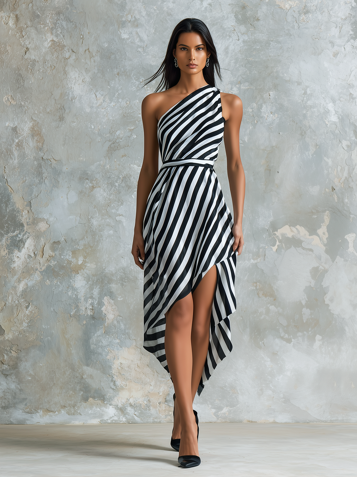 Chic Elegant Black-White Stripe One-Shoulder Sleeveless  Asymmetric Handkerchief Hem Chiffon Midi Dress