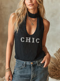 Chic Elegant Black Round-Neck Sleeveless Cutout Detail Letter Jacquard Slim-Fit Knit Vest Top