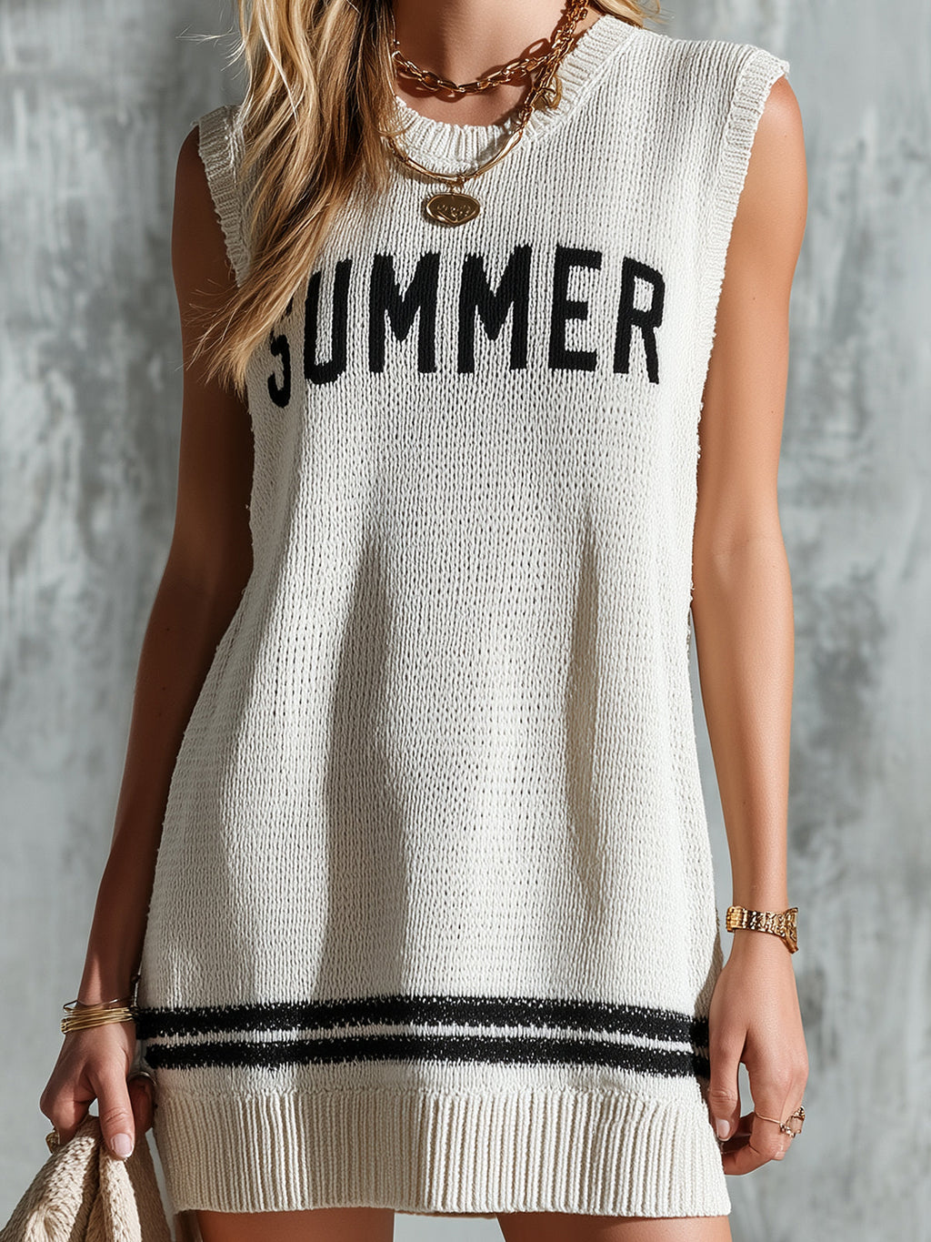 Chic Casual White-Black Colorblock Round-Neck Sleeveless Letter Jacquard Loose-Fit A-Line Knit Mini Dress