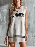 Chic Casual White-Black Colorblock Round-Neck Sleeveless Letter Jacquard Loose-Fit A-Line Knit Mini Dress