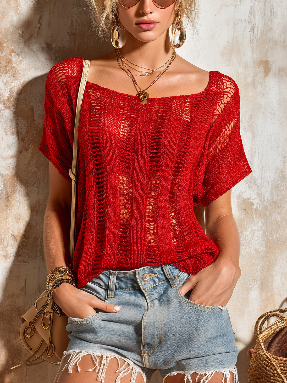 Chic Elegant Red Square-Neck Short-Sleeve Loose-Fit Hollow-Out Mesh Knit Sweater