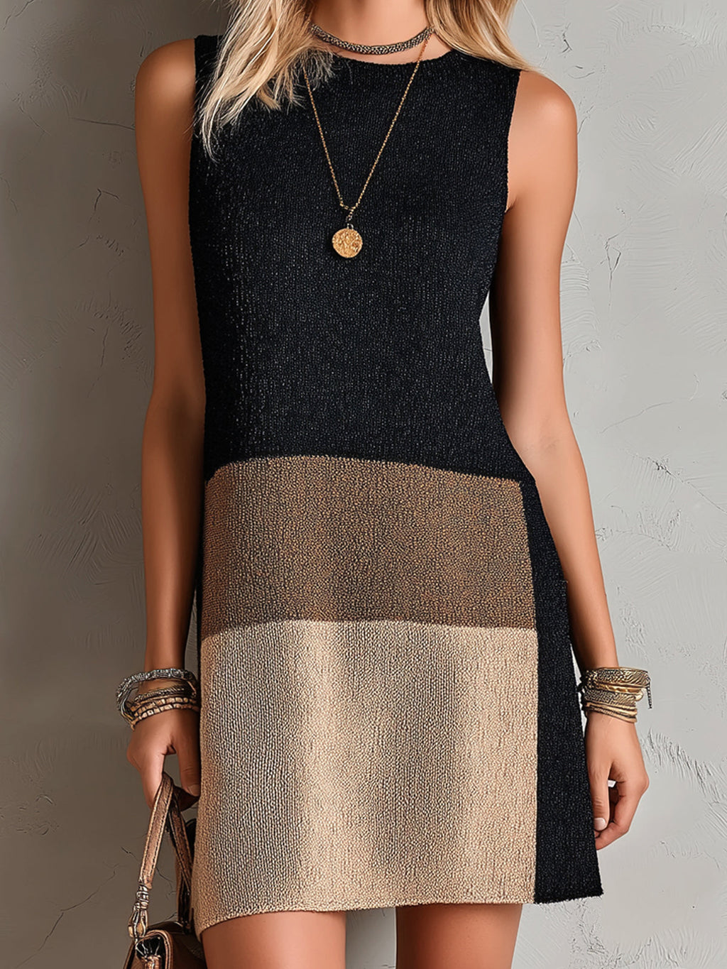 Chic Elegant Black-Brown Colorblock Round-Neck Sleeveless Loose-Fit A-Line Knit Mini Dress