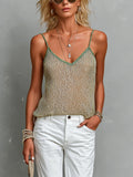 Chic Elegant Beige Spaghetti-Strap V-Neck Green Trimming Detail Loose-Fit Knit Camisole