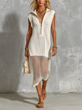 Chic Elegant Cream White Zipper-Up Lapel Collar Sleeveless Mesh Hem Detail Loose-Fit Knit Midi Dress