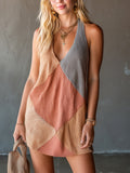 Chic Elegant Pink-Camel Colorblock Halter V-Neck Sleeveless A-Line Loose-Fit Knit Mini Dress