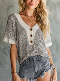 Chic Elegant Black-White Pinstripe Button-Up V-Neck Short-Sleeve Loose-Fit Knit Sweater