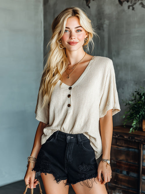 Chic Elegant Cream White Button-Up V-Neck Short-Sleeve Loose-Fit Waffle Knit Sweater