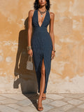 Chic Elegant Dark Blue-White Pinstripe Halter V-Neck Sleeveless Tailored-Waist Slit Detail Midi Dress