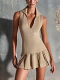 Chic Elegant Beige Lapel V-Neck Sleeveless Pleated A-Line Slim-Fit Ribbed Knit Mini Dress