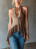 Chic Elegant Brown-Camel Colorblock Cotton Blend Halter V-Neck Sleeveless Asymmetrical Ruffled Hem Slim-Fit Tank Top
