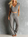 Chic Elegant Gray V-Neck Drop-Shoulder Cropped Vest Drawstring-Waist Straight-Leg Pants Ribbed Knit Two-Piece Set