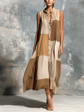 Chic Casual Camel Colorblock Stand-Collar Single-Breasted Sleeveless Loose-Fit A-Line Cotton-Linen Blend Mini Dress