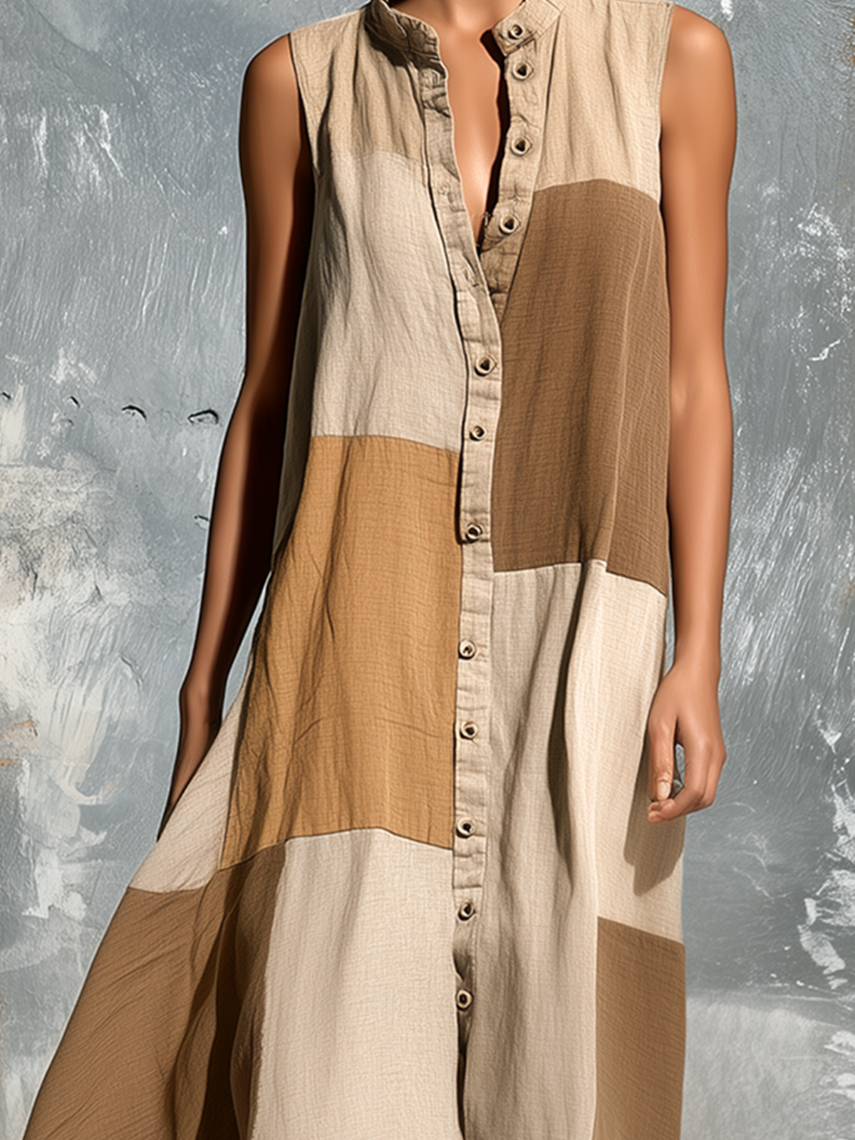 Chic Casual Camel Colorblock Stand-Collar Single-Breasted Sleeveless Loose-Fit A-Line Cotton-Linen Blend Mini Dress