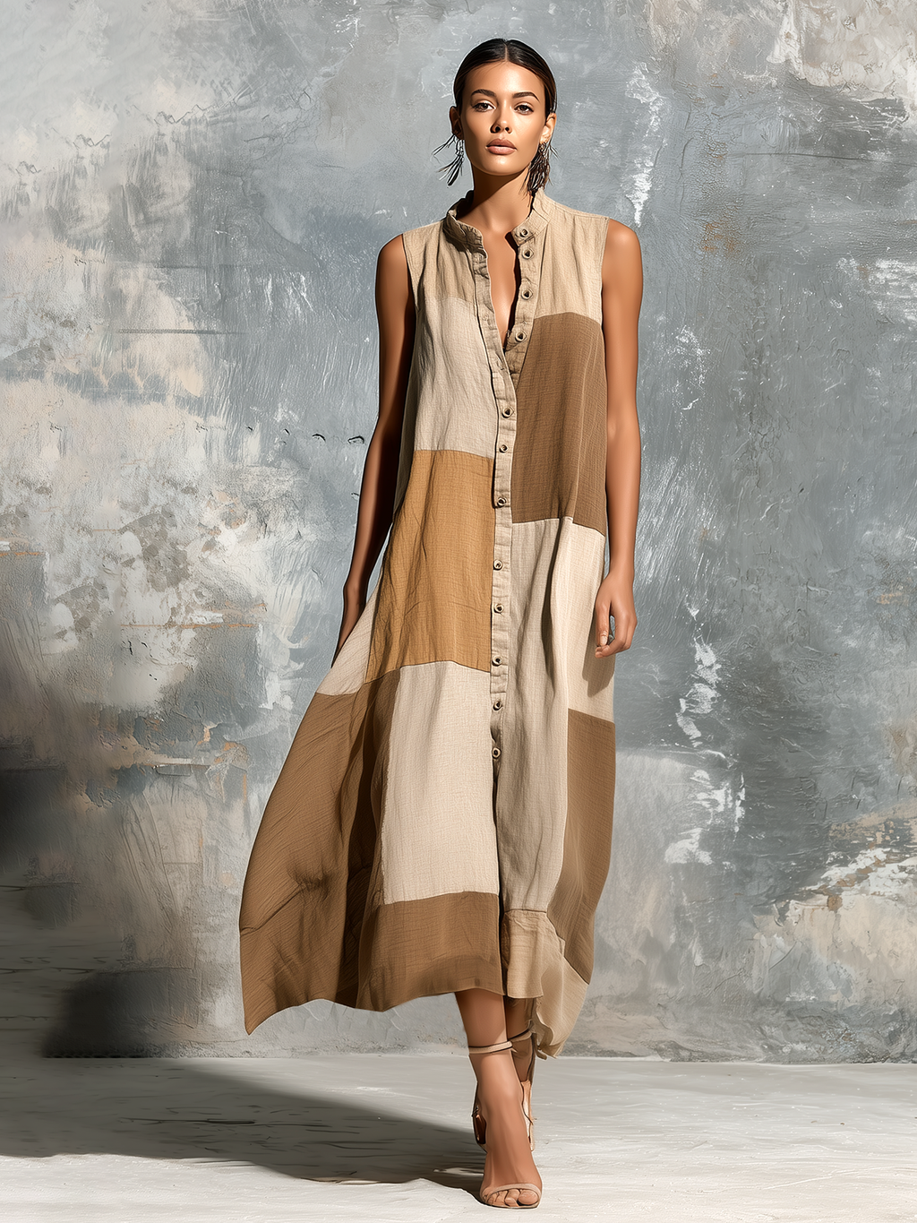 Chic Casual Camel Colorblock Stand-Collar Single-Breasted Sleeveless Loose-Fit A-Line Cotton-Linen Blend Mini Dress