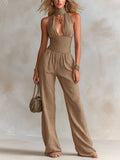 Chic Elegant Camel Rib Cotton Blend Mock-Neck Cutout-Detail Sleeveless Tailored-Waist Wide-Leg Jumpsuit