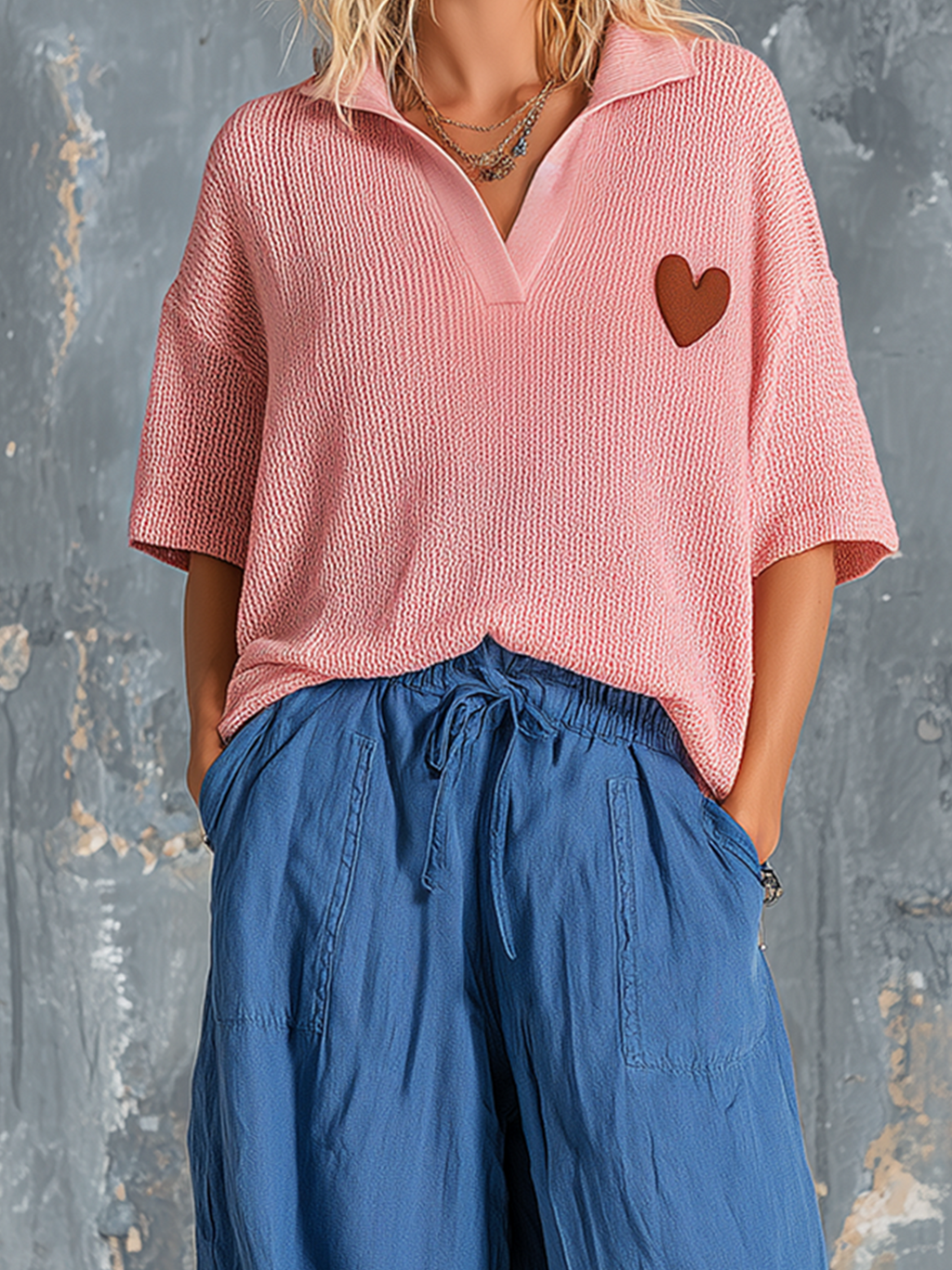 Chic Casual Pink Lapel V-Neck Heart Embroidery Short-Sleeve Sweater Top Blue Loose-Fit Cotton-Linen Wide-Leg Pants Two-Piece Set