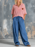 Chic Casual Pink Lapel V-Neck Heart Embroidery Short-Sleeve Sweater Top Blue Loose-Fit Cotton-Linen Wide-Leg Pants Two-Piece Set