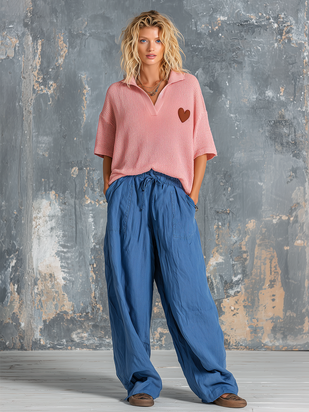 Chic Casual Pink Lapel V-Neck Heart Embroidery Short-Sleeve Sweater Top Blue Loose-Fit Cotton-Linen Wide-Leg Pants Two-Piece Set
