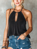 Chic Elegant Black Halter-Neck Cutout-Detail A-Line Loose-Fit Mesh Knit Camisole