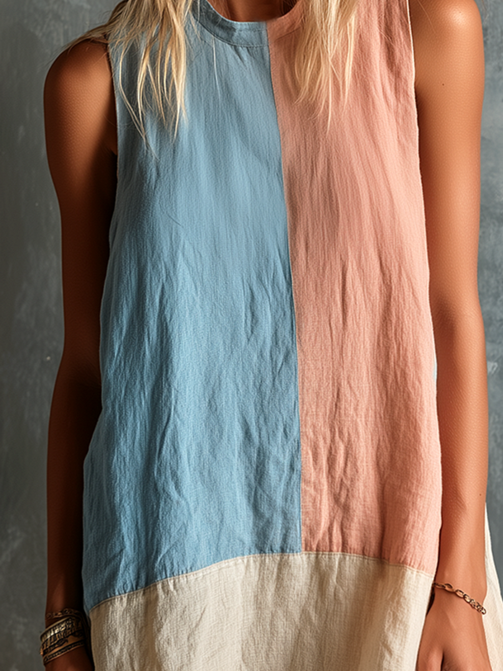 Chic Casual Pink-Blue Colorblock Round-Neck Sleeveless Loose-Fit Cotton-Linen Blend Mini Dress