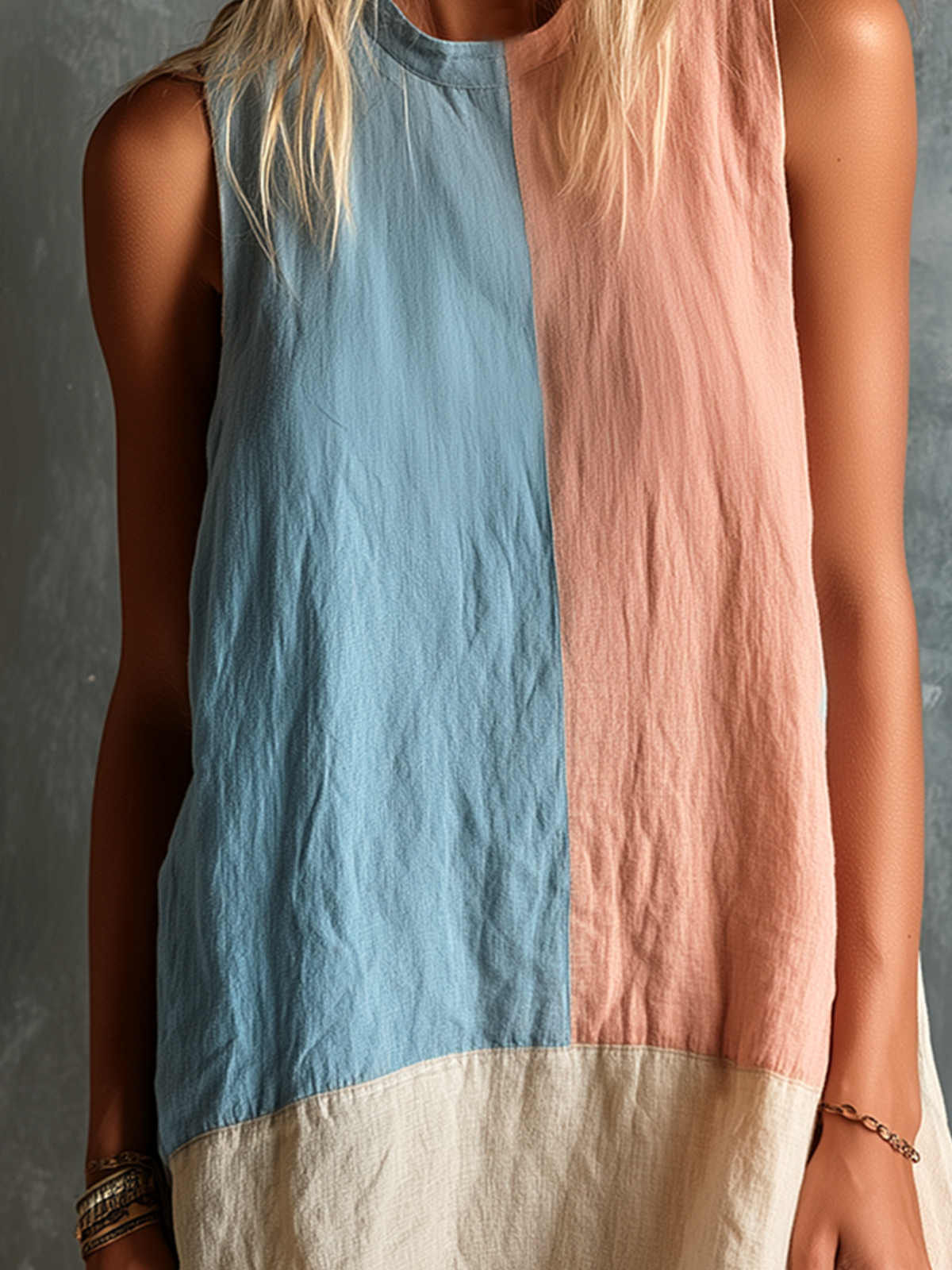 Chic Casual Pink-Blue Colorblock Round-Neck Sleeveless Loose-Fit Cotton-Linen Blend Mini Dress