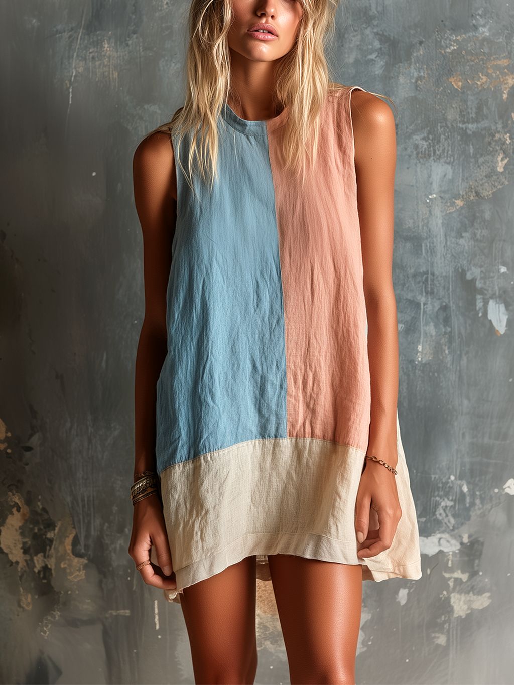 Chic Casual Pink-Blue Colorblock Round-Neck Sleeveless Loose-Fit Cotton-Linen Blend Mini Dress