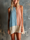 Chic Casual Pink-Blue Colorblock Round-Neck Sleeveless Loose-Fit Cotton-Linen Blend Mini Dress