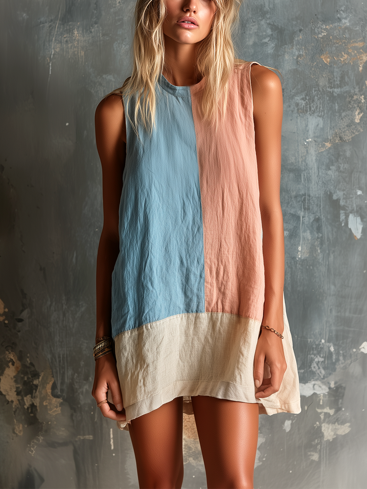 Chic Casual Pink-Blue Colorblock Round-Neck Sleeveless Loose-Fit Cotton-Linen Blend Mini Dress