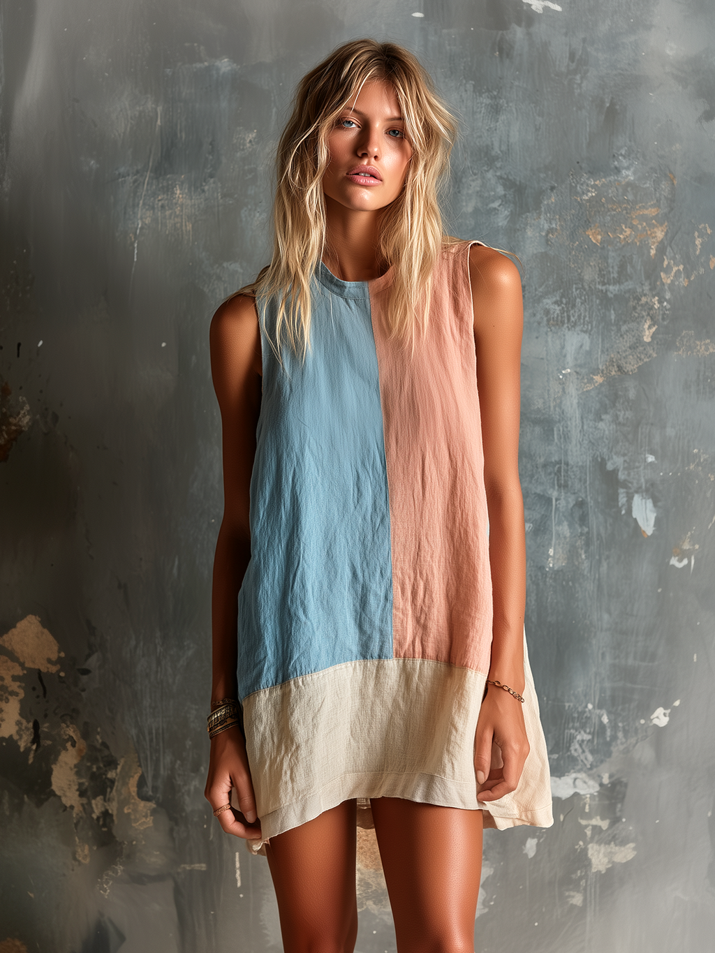 Chic Casual Pink-Blue Colorblock Round-Neck Sleeveless Loose-Fit Cotton-Linen Blend Mini Dress