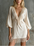 Chic Elegant Cream V-Neck Puff Sleeves Fringe Trim Elastic Waist A-Line Cotton-Linen Blend Mini Dress