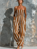 Chic Elegant Caramel-White Stripe Spaghetti-Strap Smocked Sleeveless Loose-Fit Cotton-Linen Blend Wide-Leg Jumpsuit